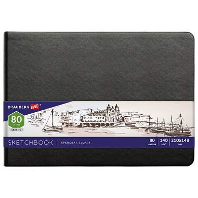 Скетчбук, слоновая кость 140 г/м2 210х148 мм, 80 л., КОЖЗАМ, резинка, BRAUBERG ART CLASSIC, черный, 113198 (арт. 113198)