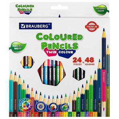 Карандаши цветные двусторонние BRAUBERG PREMIUM TWIN COLOUR, 24 штуки, 48 цветов, шестигранные, грифель 3,3 мм, натуральное дерево, 181875 (арт. 181875)