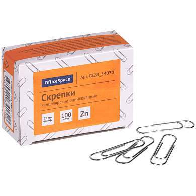 Скрепки 28мм, OfficeSpace, 100шт., оцинкованные, карт. упаковка (арт. 306918)