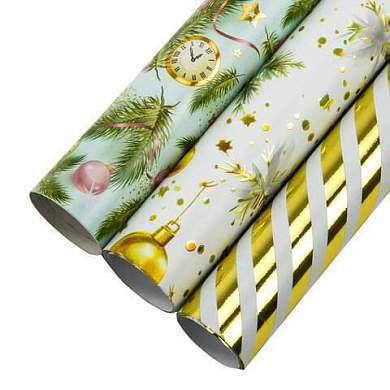 Бумага упаковочная новогодняя НАБОР 3 шт. "Golden XMAS", С ЭФФЕКТАМИ, 70х100 см, ЗОЛОТАЯ СКАЗКА, 592188 (арт. 592188)