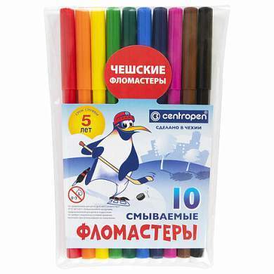 Фломастеры 10 ЦВЕТОВ CENTROPEN "Пингвины", смываемые, вентилируемый колпачок, 7790/10ET, 7 7790 1086 (арт. 150055)