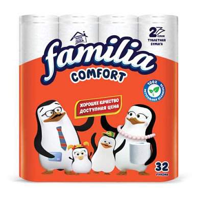 Бумага туалетная быт., спайка 32 шт., 2-слойная (32х14,8 м), FAMILIA COMFORT, белая,, 5085067 (арт. 118572)