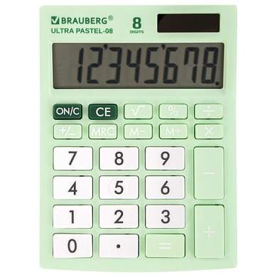 Калькулятор настольный BRAUBERG ULTRA PASTEL-08-LG, КОМПАКТНЫЙ (154x115 мм), 8 разрядов, двойное питание, МЯТНЫЙ, 250515 (арт. 250515)
