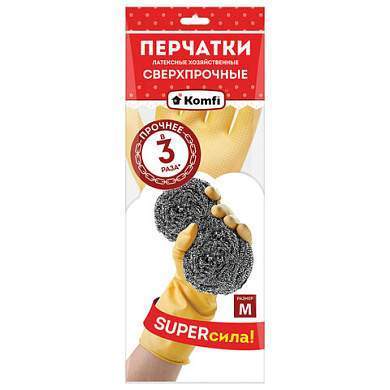 Перчатки МНОГОРАЗОВЫЕ латексные SUPER СИЛА СВЕРХПРОЧНЫЕ, бежевые, размер M (средний), вес 96 г, Komfi, ADM, 20073 (арт. 609368)