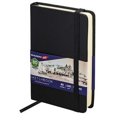 Скетчбук, слоновая кость 140 г/м2 90х140 мм, 80 л., КОЖЗАМ, резинка, BRAUBERG ART CLASSIC, черный, 113188 (арт. 113188)