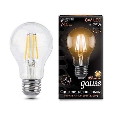 Gauss Filament ЛОН A60 E27 8W(740lm) 2700K 2K прозр. 105x60 филамент (нитевидная), 102802108 (арт. 645937)