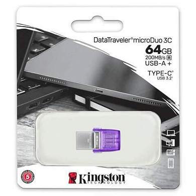 Флеш-диск 64 GB KINGSTON DataTraveler microDuo 3C, разъем USB 3.2, Type-C, фиолетовый, DTDUO3CG3/64GB (арт. 514072)