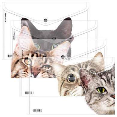 Папка-конверт на кнопке пластиковая ERICH KRAUSE "Hiding Cats", A4, ассорти, 61155 (арт. 272656)