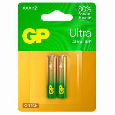 Батарейки КОМПЛЕКТ 2 шт., GP Ultra G-Tech, AAA (LR03, 24А), алкалиновые, мизинчиковые, 24AUA21-2CRSBC2 (арт. 457747)