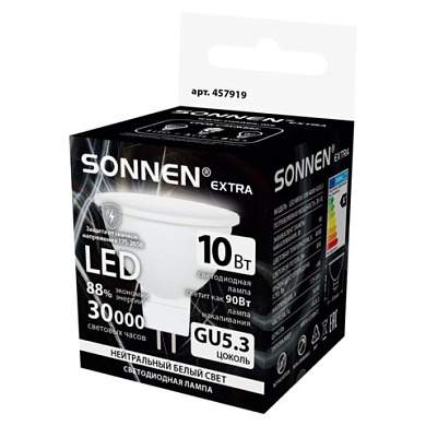 Лампа светодиодная SONNEN EXTRA, 10 (90) Вт, GU5.3, софит, нейтральный белый, 30000 ч, LED MR16-GU5.3-10W-4000, 457919 (арт. 457919)
