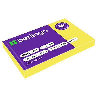 Самоклеящийся блок Berlingo "Ultra Sticky", 50*75мм, 80л., желтый неон (арт. 287182)