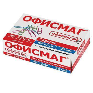 Скрепки ОФИСМАГ, 28 мм, цветные, 100 шт., в картонной коробке, 225210 (арт. 225210)