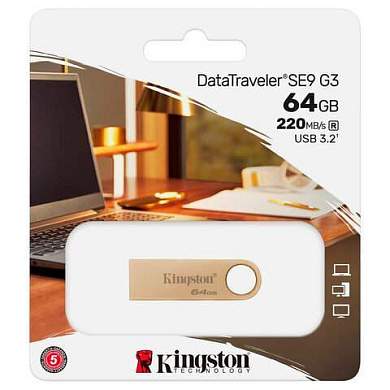 Флеш-диск 64 GB, KINGSTON DataTraveler SE9 G3 USB 3.2, металлический корпус, золотой, DTSE9G3/64GB (арт. 514073)