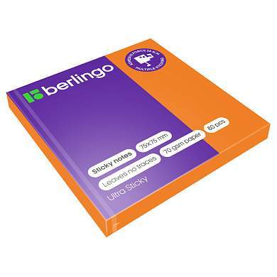 Самоклеящийся блок Berlingo "Ultra Sticky", 75*75мм, 80л., оранжевый неон (арт. 270279)
