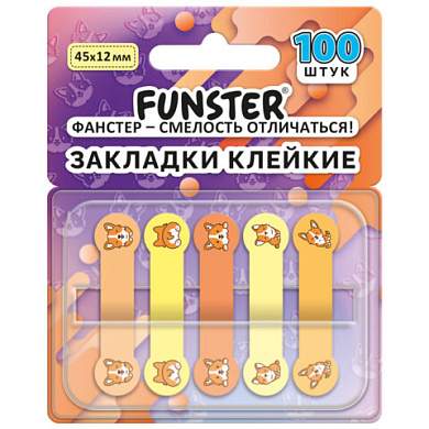 Закладки клейкие Z-сложения FUNSTER (ФАНСТЕР) "Корги", 45х12 мм, 100 шт. (5 цветов х 20 листов), в диспенсере, 116695 (арт. 116695)