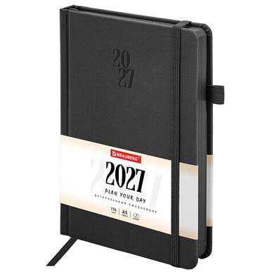 Ежедневник датированный 2027, А5, 138х213 мм, BRAUBERG "Plain", под кожу, резинка, держатель для ручки, черный, 118040 (арт. 118040)