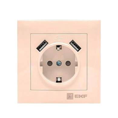 EKF Валенсия роз. СУ 1 мест. 16А с 2 USB 2,1А кремовая, земля, шторки Al/Cu (корпус PC) EWR16-028-20 (арт. 724346)