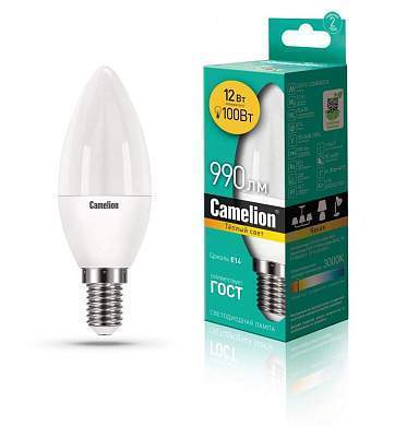 Camelion Свеча E14 12W(960lm 220°) 3000K 2K матов. 107x38 пластик LED12-C35/830/E14 (арт. 694997)