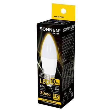 Лампа светодиодная SONNEN EXTRA, 10 (85) Вт, Е27, свеча, теплый белый, 30000 ч, LED C37-10W-2700-Е27, 457906 (арт. 457906)