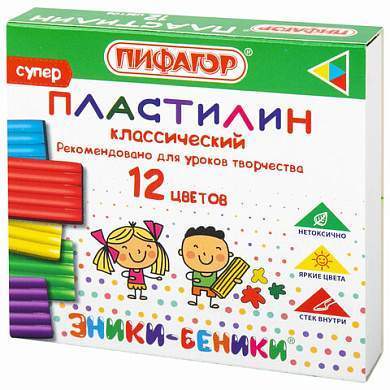 Пластилин классический ПИФАГОР "ЭНИКИ-БЕНИКИ СУПЕР", 12 цветов, 120 г, стек, 106505 (арт. 106505)