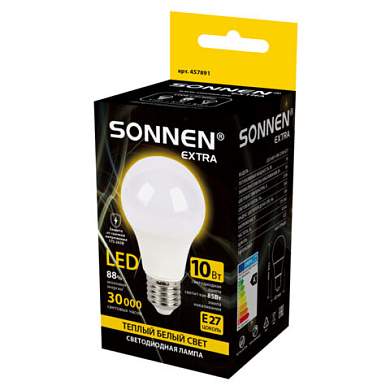 Лампа светодиодная SONNEN EXTRA, 10 (85) Вт, Е27, груша, теплый белый, 30000 ч, LED A60-10W-2700-Е27, 457891 (арт. 457891)