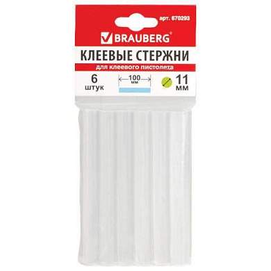 Клеевые стержни, диаметр 11 мм, длина 100 мм, прозрачные, комплект 6 шт., BRAUBERG, европодвес, 670293 (арт. 670293)