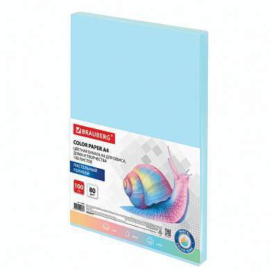 Бумага цветная BRAUBERG, А4, 80 г/м2, 100 л., пастель, голубая, для офисной техники, 112445 (арт. 112445)