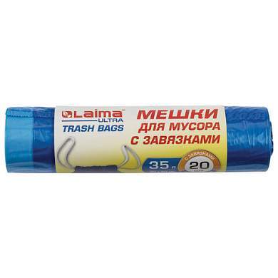 Мешки для мусора с завязками LAIMA "ULTRA" 35 л, синие, рулон 20 шт., особо прочные, ПВД 20 мкм, 50х60 см, 607689 (арт. 607689)