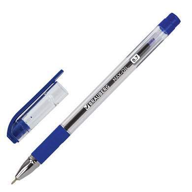 Ручка шариковая масляная с грипом BRAUBERG "Max-Oil", СИНЯЯ, игольчатый узел 0,7 мм, линия письма 0,35 мм, 141701 (арт. 141701)