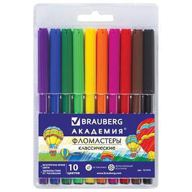 Фломастеры BRAUBERG "АКАДЕМИЯ", 10 цветов, вентилируемый колпачок, ПВХ упаковка, 151410 (арт. 151410)