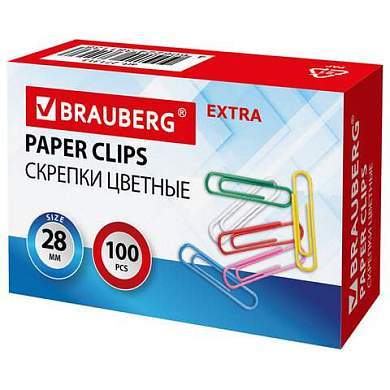 Скрепки EXTRA BRAUBERG 28 мм цветные 100 штук, 271313 (арт. 271313)
