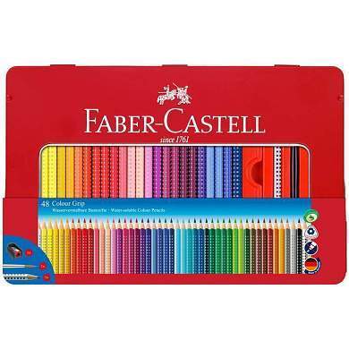 Карандаши цветные Faber-Castell "Grip", 48цв., трехгран., заточ.+ч/г кар. Grip+точилка+кисть, метал. коробка (арт. 286597)