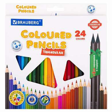 Карандаши цветные BRAUBERG PREMIUM 24 цвета + 2 чернографитных карандаша, трехгранные, грифель 3 мм, 181937 (арт. 181937)