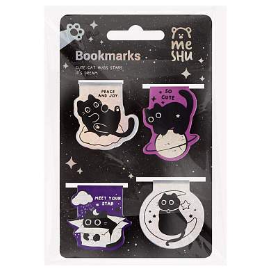 Закладки магнитные для книг, 4шт., MESHU "Meow Space", голографическая фольга (арт. 382179)