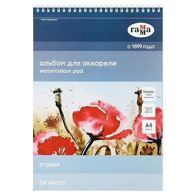Альбом для акварели, 24л., А4, на спирали Гамма "Студия", 200г/м2, среднее зерно, перфорация на отрыв (арт. 321670)