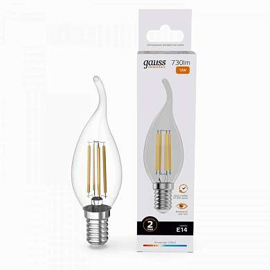 Gauss Elementary Filament Свеча на ветру Е14 12W(730lm) 2700К 120х35 филамент (нитевид) прозр 42112 (арт. 894990)