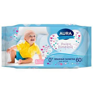 Салфетки влажные 60 шт., для детей, AURA "Ultra Comfort", без спирта, 8106 (арт. 117681)