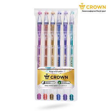 Набор гелевых ручек Crown "Hi-Jell Metallic" 6шт., 06цв., 0,7мм, металлик, ПВХ уп., европодвес (арт. 095176)