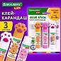 Клей-карандаш "Лапки" Cat Paw, 9 г, фигурный колпачок, 3 шт. на блистере, BRAUBERG KIDS, 271982 (арт. 271982)