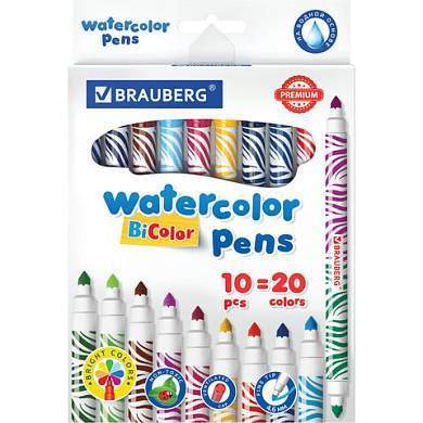 Фломастеры двусторонние утолщенные BRAUBERG "PREMIUM" "BI-COLOR", 10 шт., 20 цветов, двухцветные, вентилируемый колпачок, 151945 (арт. 151945)