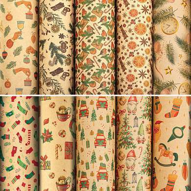 Бумага упаковочная подарочная новогодняя "Christmas Kraft", 70х100 см, 10 дизайнов ассорти, ЗОЛОТАЯ СКАЗКА, 592053 (арт. 592053)
