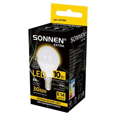 Лампа светодиодная SONNEN EXTRA, 10 (85) Вт, E14, шар, теплый белый, 30000 ч, LED G45-10W-2700-Е14, 457909 (арт. 457909)