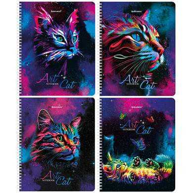Тетради ДЭК А5 48 л. КОМПЛЕКТ 4 шт., BRAUBERG, гребень, клетка, TWIN лак, "Neon Cats", 404660 (арт. 404660)