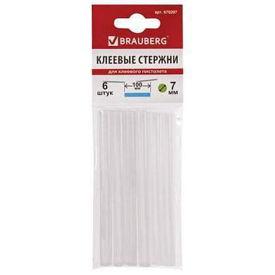 Клеевые стержни, диаметр 7 мм, длина 100 мм, белые, комплект 6 штук, BRAUBERG, европодвес, 670297 (арт. 670297)