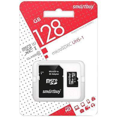 Карта памяти SmartBuy MicroSDXC 128GB UHS-1, Class 10, скорость чтения 90Мб/сек (с адаптером SD) (арт. 285823)