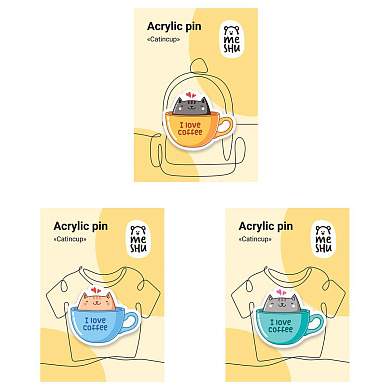 Набор акриловых значков MESHU "Catsincups", прямая УФ-печать, 3шт. (арт. 360462)