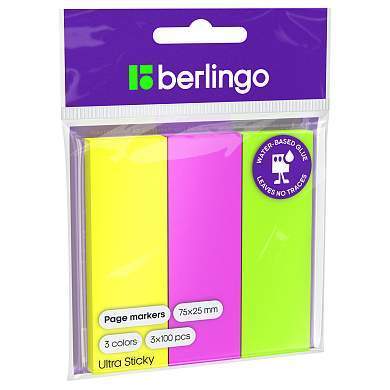 Флажки-закладки Berlingo "Ultra Sticky", 25*75мм, 100л*3 неоновых цвета, европодвес (арт. 287196)