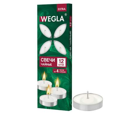 Свечи чайные литые в гильзе WEGLA (ВЕГЛА) EXTRA, до 4 часов горения, вес 10 грамм, КОМПЛЕКТ 12 штук, 702569 (арт. 702569)