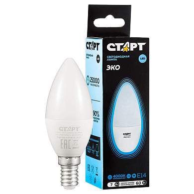 Лампа светодиодная Старт LED, серия "WS" 7W40, тип С "свеча", E14, 4000К, нейтральный свет, 25000ч (арт. 385693)