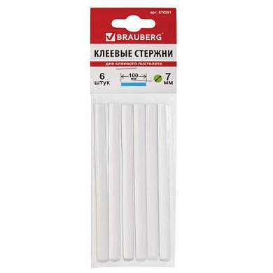 Клеевые стержни, диаметр 7 мм, длина 100 мм, прозрачные, комплект 6 шт., BRAUBERG, европодвес, 670291 (арт. 670291)